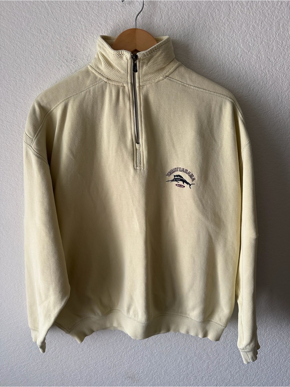 Tommy‎ Bahama Relax Mens L Vintage Cream Cotton Quarter Zip Pullover Sweatshirt
